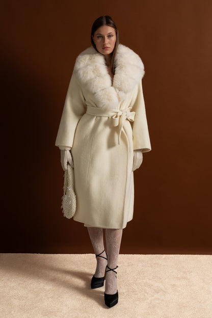 Women's Wool Wrap Coat | Fox Fur Collar | Tie Belt | Ivory Winter Coat | Steven & Levon