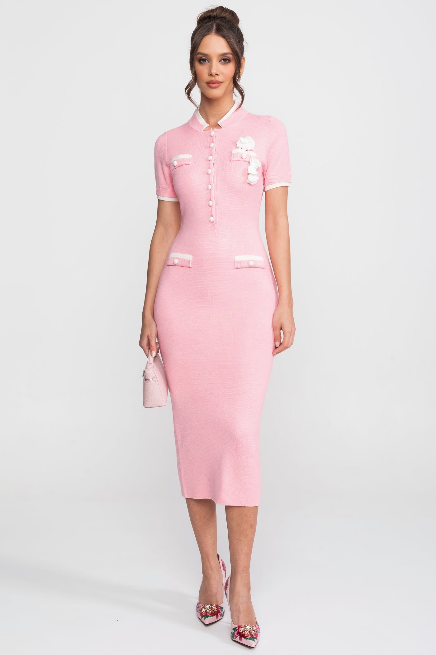 Ribbed Knit Midi Dress | Women | Contrast Trim | Decorative Pockets | Pink | Steven & Levon