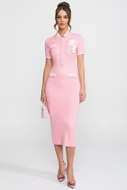 Ribbed Knit Midi Dress | Women | Contrast Trim | Decorative Pockets | Pink | Steven & Levon