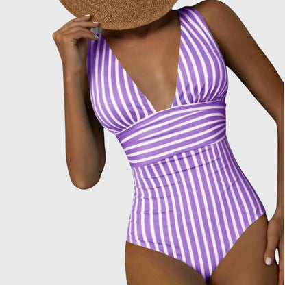 Striped One-Piece Swimsuit | Women | Nylon & Spandex Blend | V-Neck Stretch Fit Swimwear | Steven & Levon