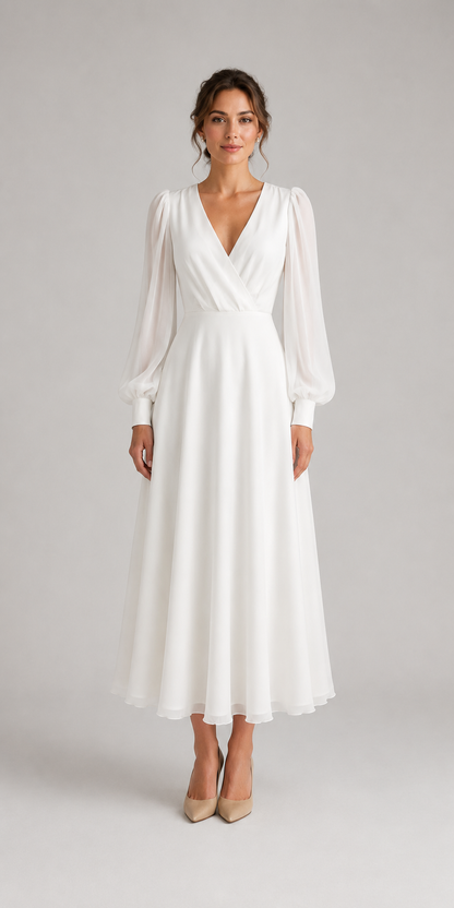 Long Sleeve Flowing Bridal Dress | Women | Elegant Wedding Gown | Classic Silhouette | Steven & Levon