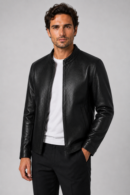 Men's PU Leather Jacket | Stand Collar | Zip Front | Lightweight Biker Style | Steven & Levon