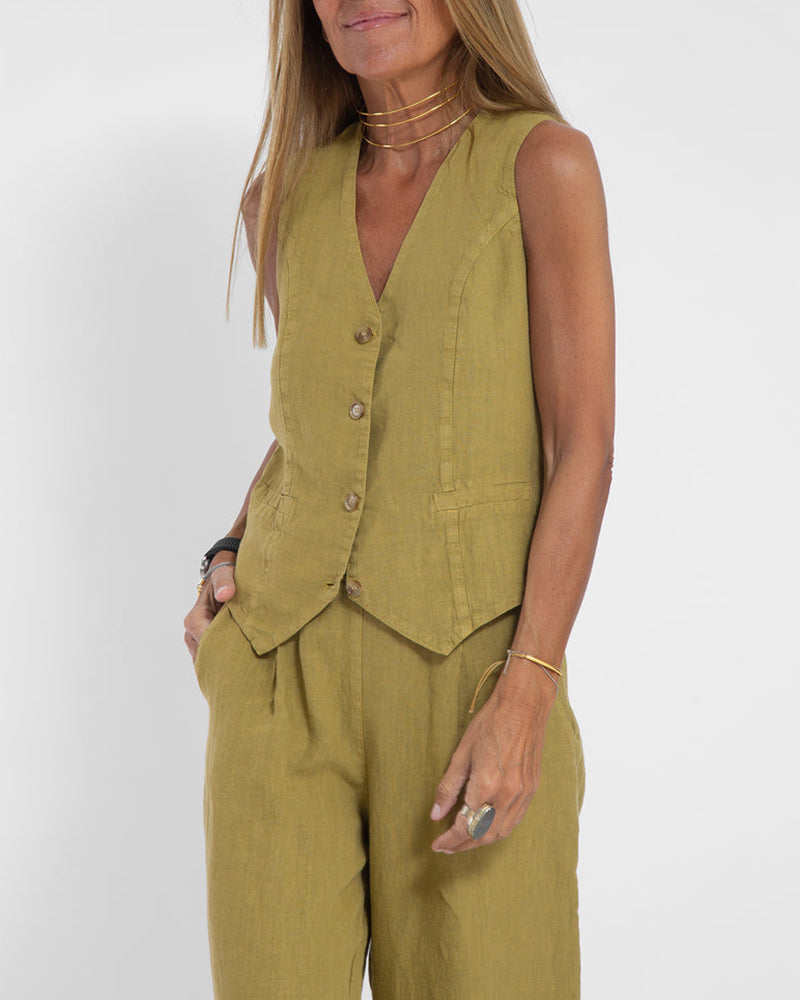 Linen 2-Piece Set | Women | Linen | Wide-Leg Trousers | Button Vest | Steven & Levon