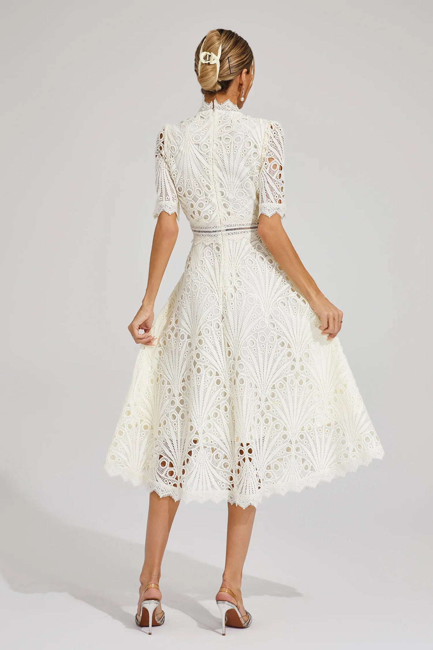 Women's Lace High Neck Midi Dress | Women | Lace | Elegant Midi Length Formal Occasion Dress | Steven & Levon