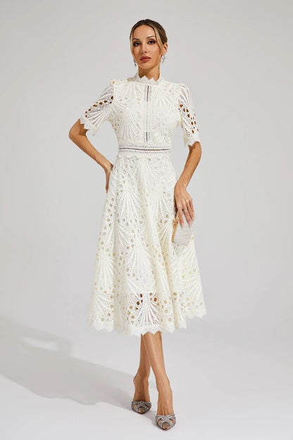 Women's Lace High Neck Midi Dress | Women | Lace | Elegant Midi Length Formal Occasion Dress | Steven & Levon