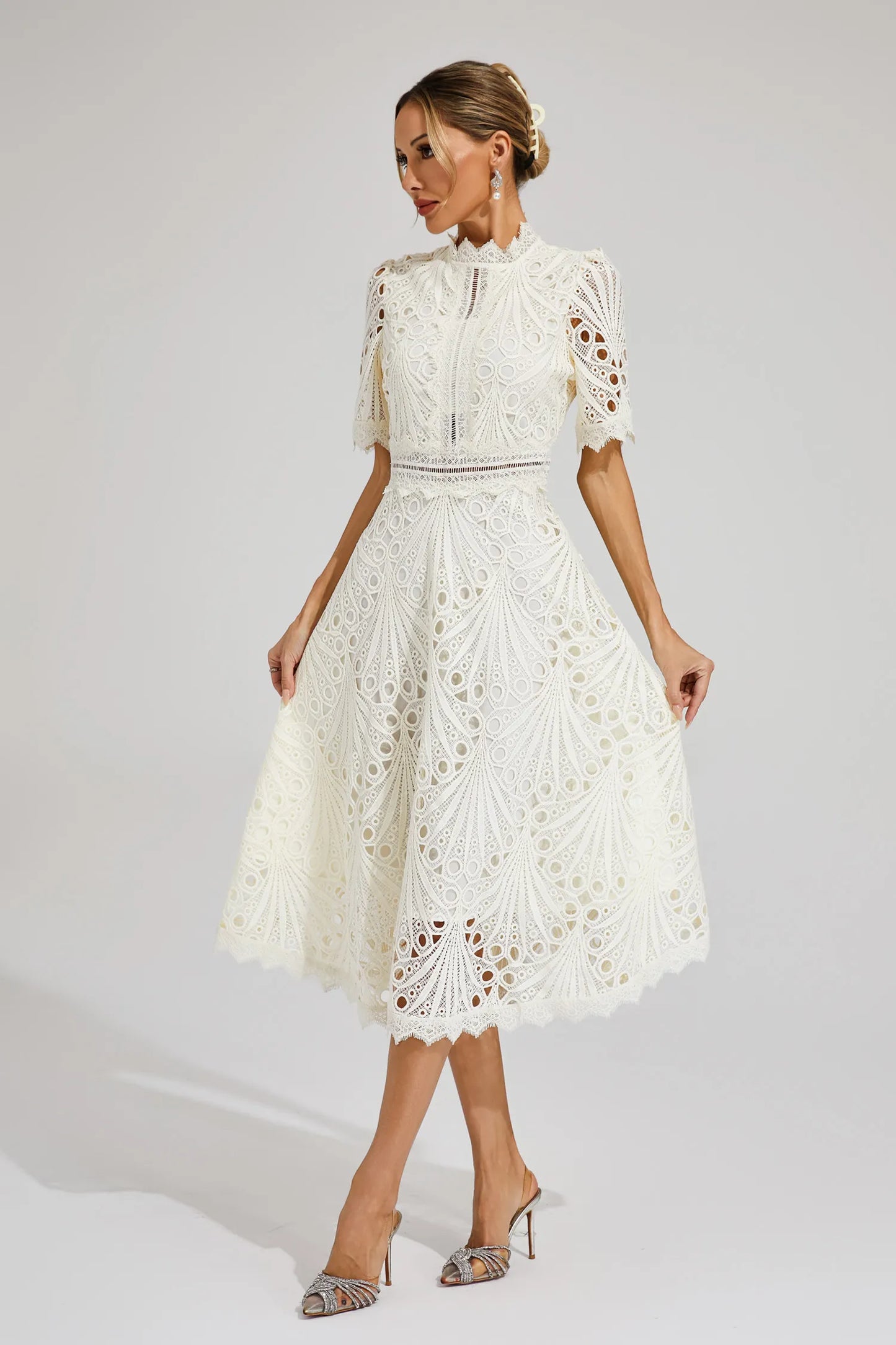 Women's Lace High Neck Midi Dress | Women | Lace | Elegant Midi Length Formal Occasion Dress | Steven & Levon