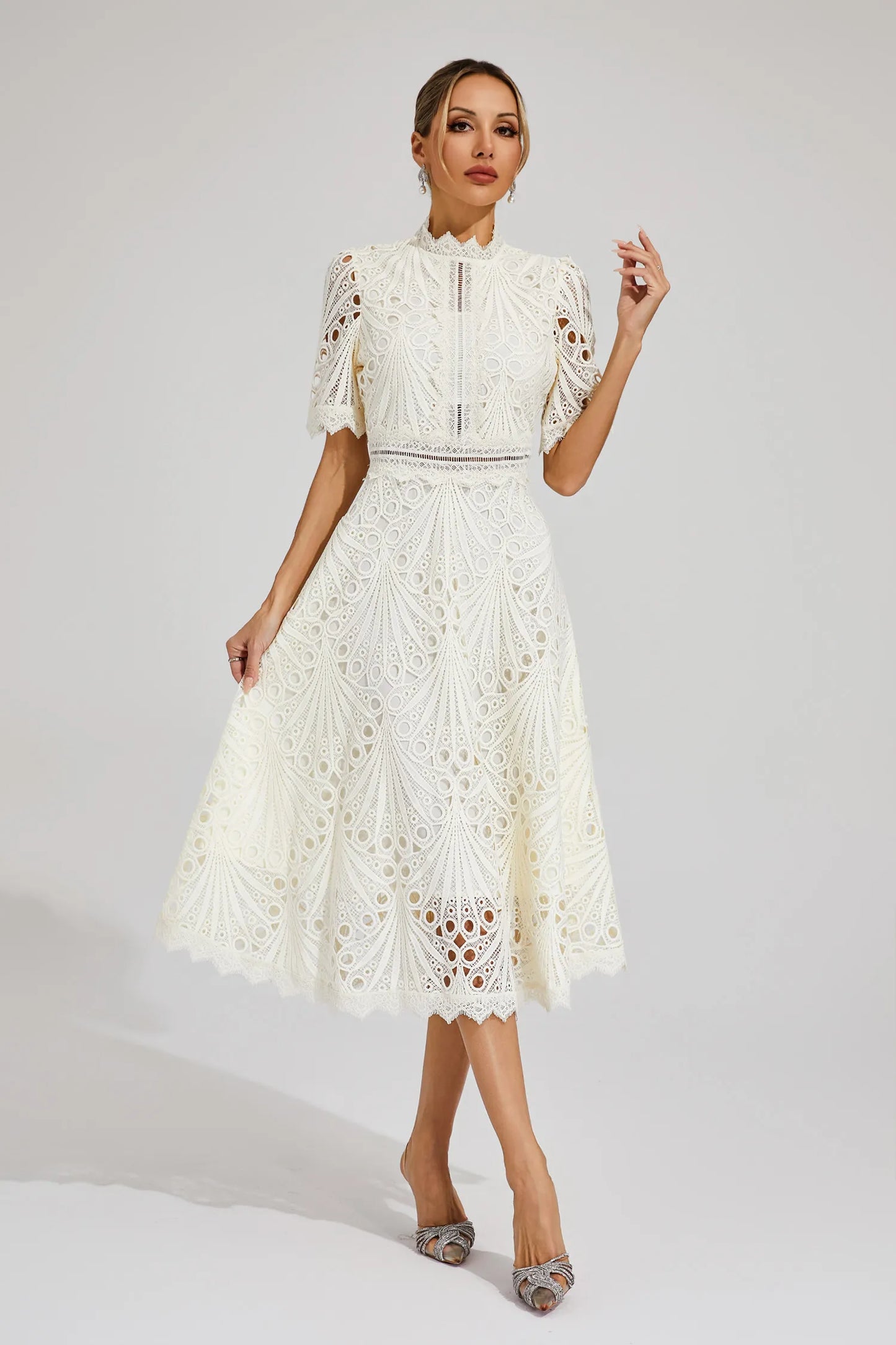 Women's Lace High Neck Midi Dress | Women | Lace | Elegant Midi Length Formal Occasion Dress | Steven & Levon