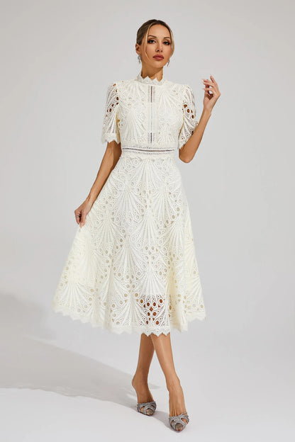 Women's Lace High Neck Midi Dress | Women | Lace | Elegant Midi Length Formal Occasion Dress | Steven & Levon