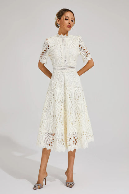 Women's Lace High Neck Midi Dress | Women | Lace | Elegant Midi Length Formal Occasion Dress | Steven & Levon