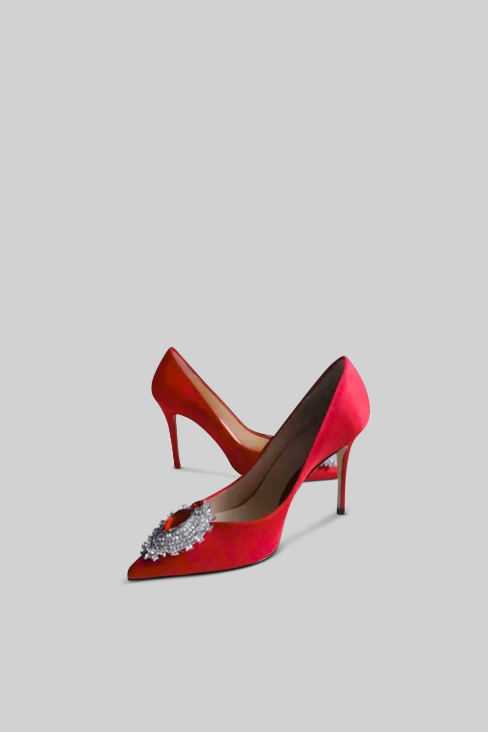 Satin Stiletto Heels | Women | Diamond Detail | Pointed Toe | Red | Evening Dress Shoes | Steven & Levon