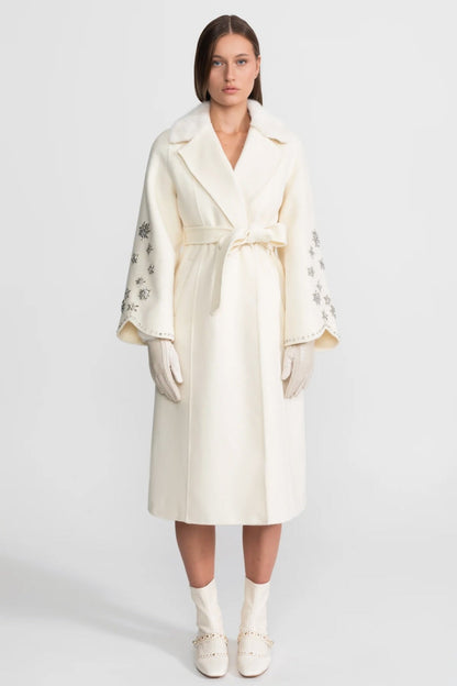 Women's Wool & Cashmere Overcoat | Fox Fur Collar | Crystal Embellished Sleeves, Belted Wrap Coat | Steven & Levon