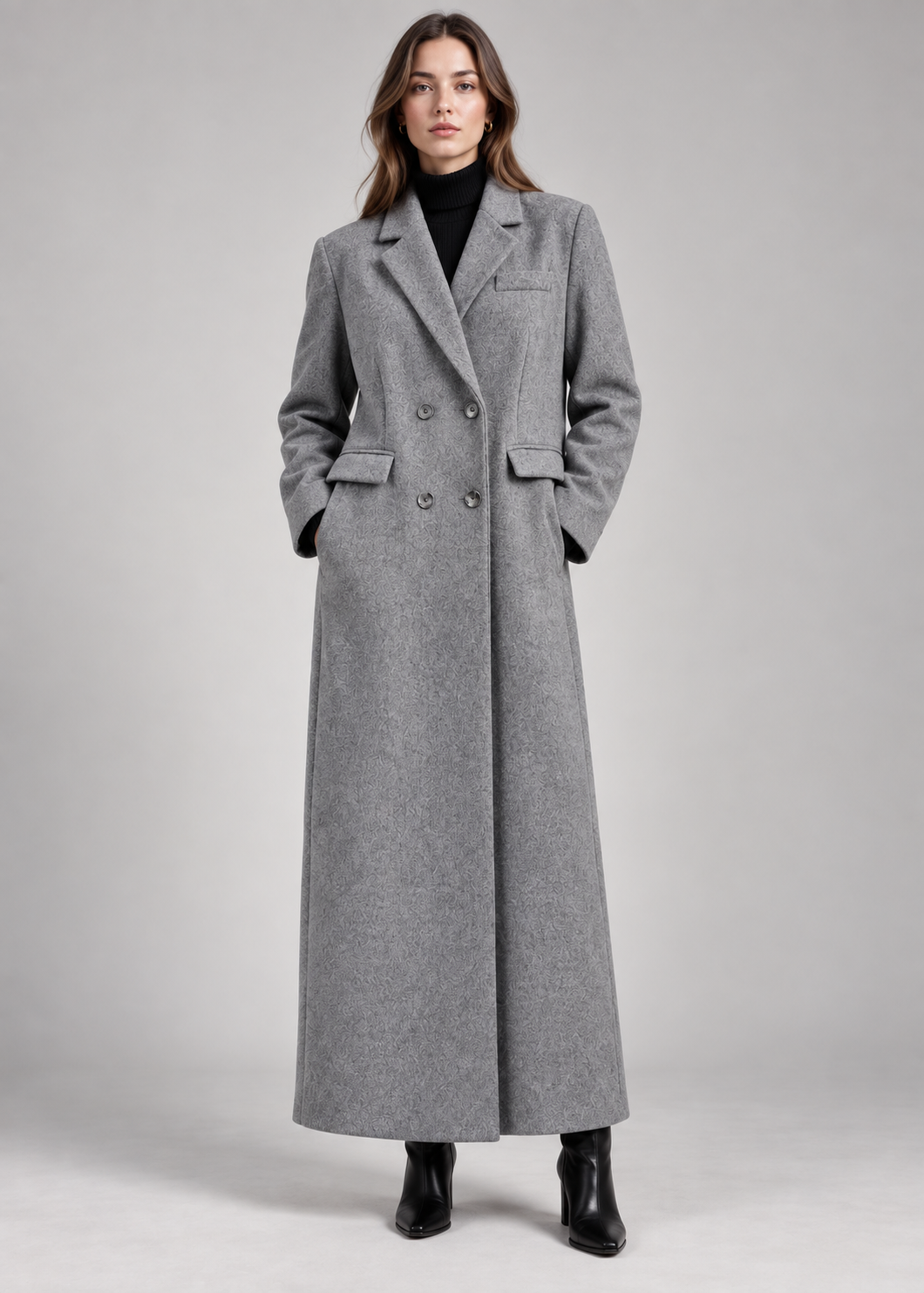 Women's Long Wool Coat | V-Neck | Wide Shoulder | Long Sleeve | Elegant Winter Outerwear | Steven & Levon