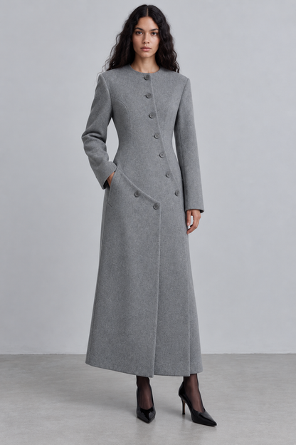Women's Long Wool Coat | Grey Asymmetric Button | O-Neck Winter Outerwear | Steven & Levon