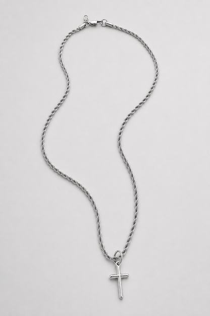Silver Cross Necklace | Men | Stainless Steel | Religious Jewellery | Cuban Chain | Steven & Levon