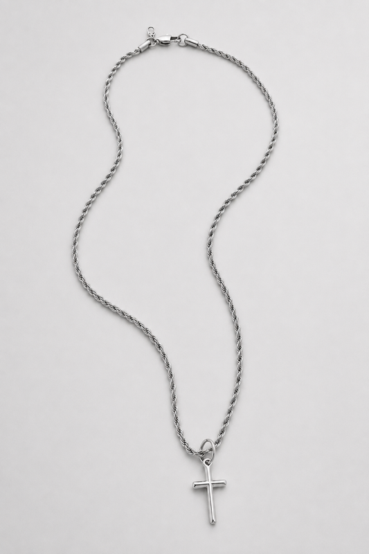 Silver Cross Necklace | Men | Stainless Steel | Religious Jewellery | Cuban Chain | Steven & Levon