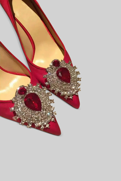 Satin Stiletto Heels | Women | Diamond Detail | Pointed Toe | Red | Evening Dress Shoes | Steven & Levon