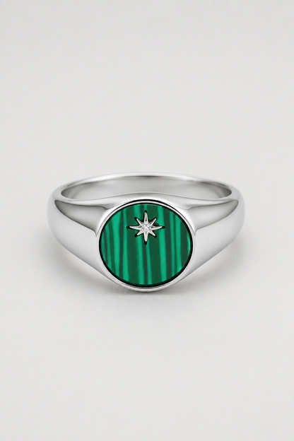 Malachite North Star Signet Ring | Silver | Men | Stainless Steel | Green Malachite | Star Detail | Steven & Levon