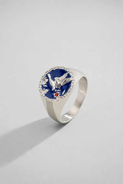 Swallow Signet Ring | Silver | Men | 316L Stainless Steel | Blue Enamel | Steven & Levon