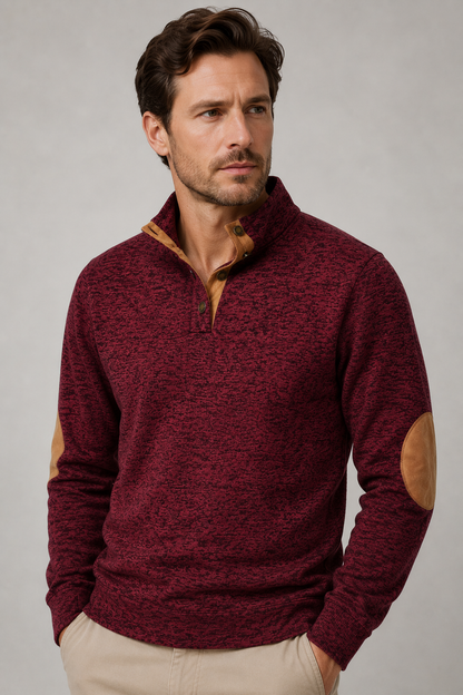 Men's Knitted Jumper | Stand Collar Half Button Pullover | Elbow Patch Sweater | Steven & Levon