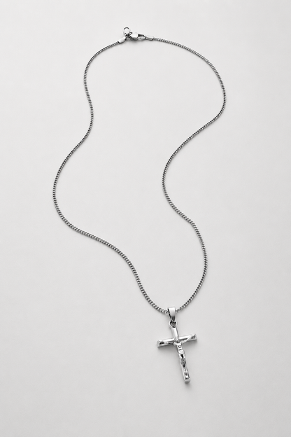 Silver Crucifix Pendant | Men | Stainless Steel | Cuban Chain | Water Resistant | Steven & Levon