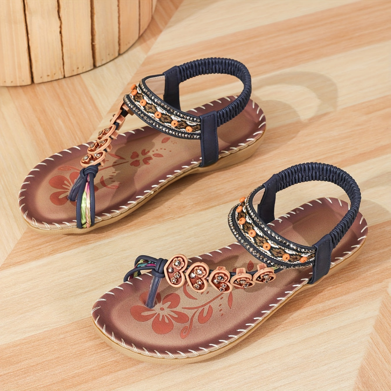 Elegant Beaded Toe Post Sandals | Women | Adjustable Ankle Strap | Beaded T-Bar Buckle Design | Summer Holiday Sandals | Steven & Levon