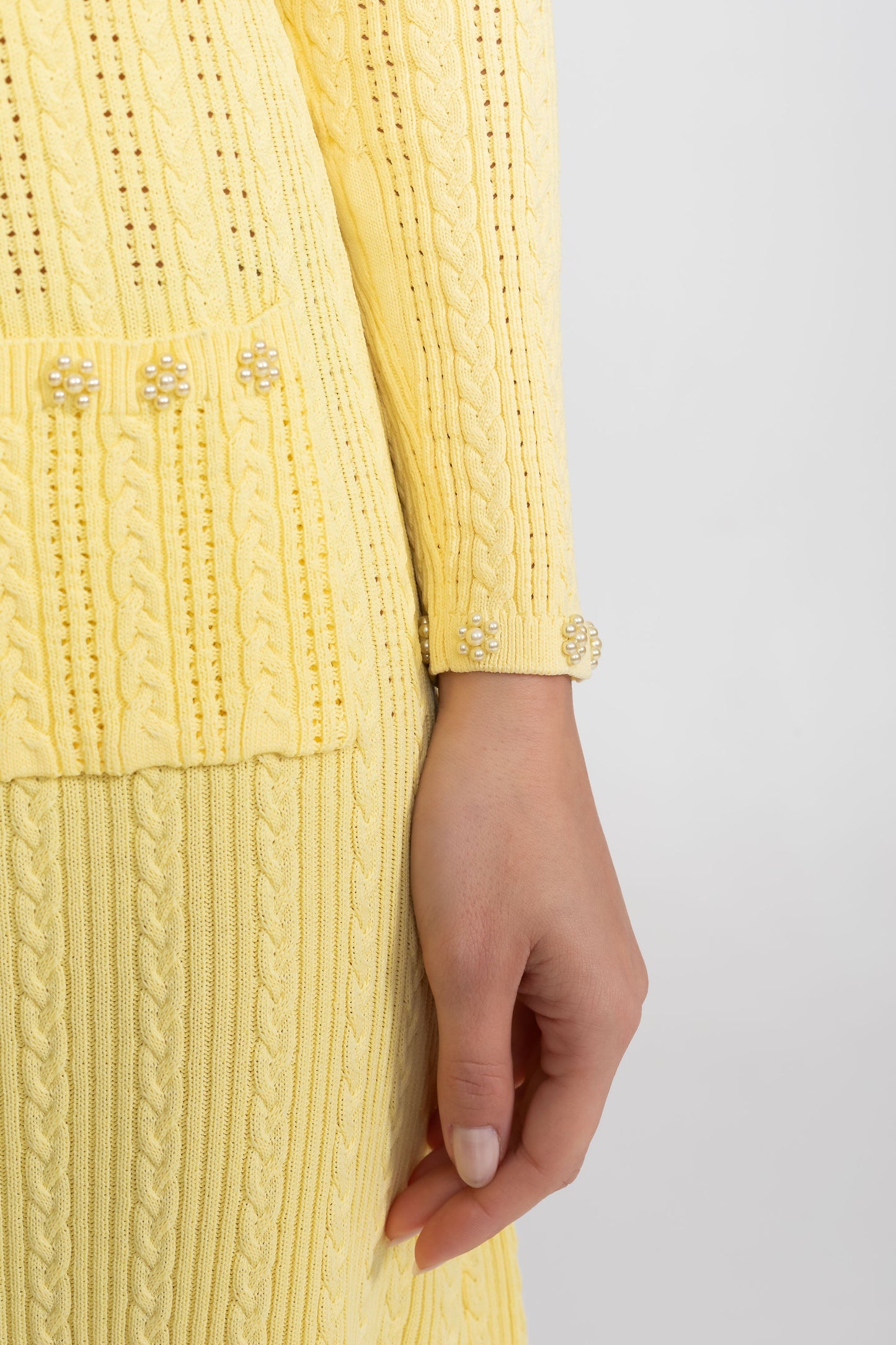 Ribbed Knit Dress & Cardigan Set | Women | Pearl Buttons | Yellow | Steven & Levon