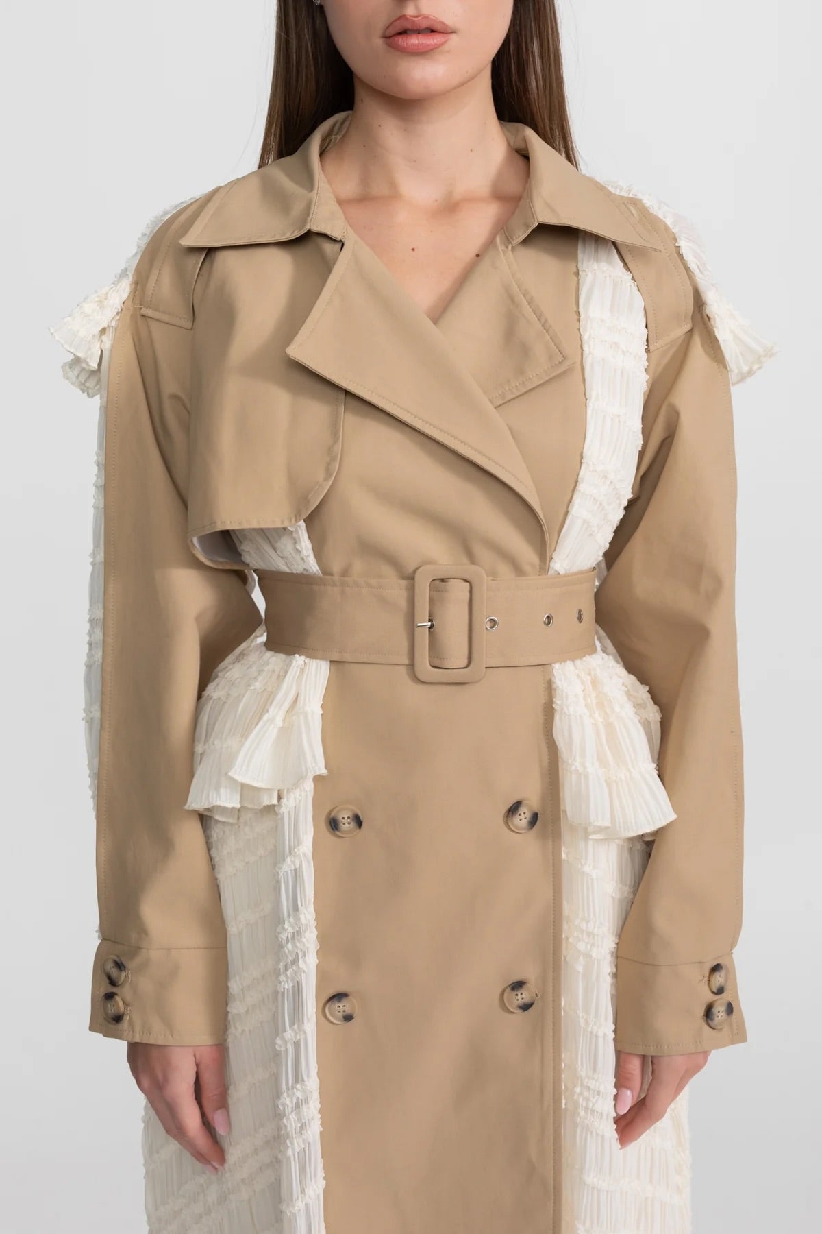 Women's Longline Lace Panel Trench Coat | Beige | Belted Waist | Elegant Overcoat | Steven & Levon