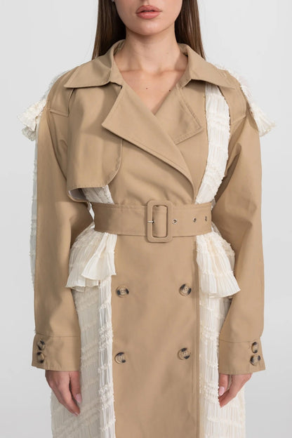 Women's Longline Lace Panel Trench Coat | Beige | Belted Waist | Elegant Overcoat | Steven & Levon