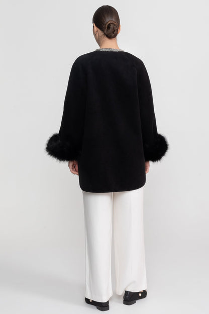 Women's Longline Jacket | Pearl Neckline | Fox Fur Cuffs | Black Winter Coat | Steven & Levon