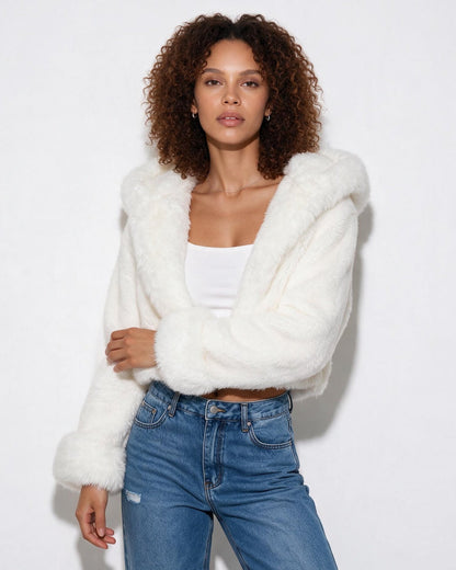 Hooded Faux Fur Coat | Women | Soft Plush Jacket | Warm Winter Outerwear | Steven & Levon