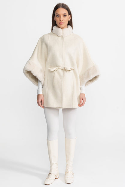 Wool Blend Cape Coat | Women's Cape Coat | Fur Trim, Ivoire Elegant Winter Outerwear | Steven & Levon