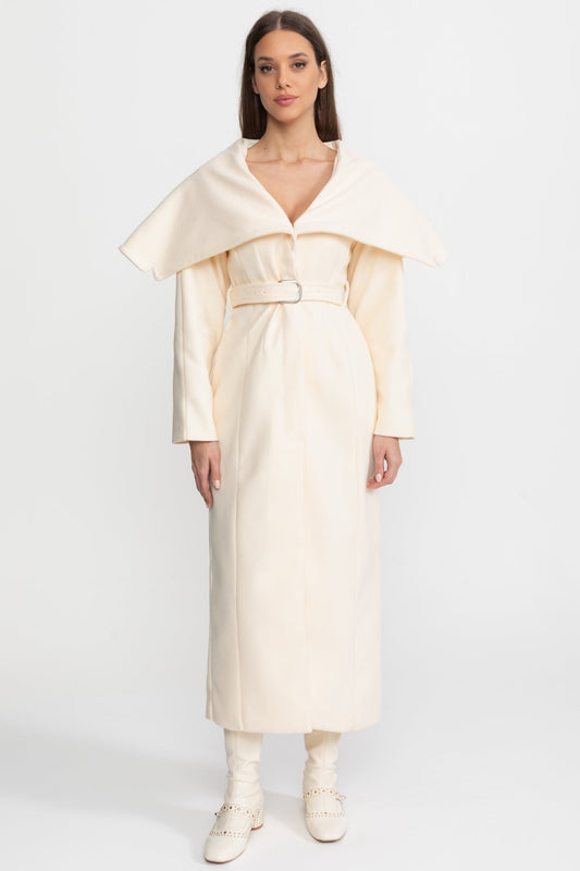 Women's Long Wool Blend Coat | Cape Collar, Belted Waist | Ivoire Longline Winter Coat | Steven & Levon