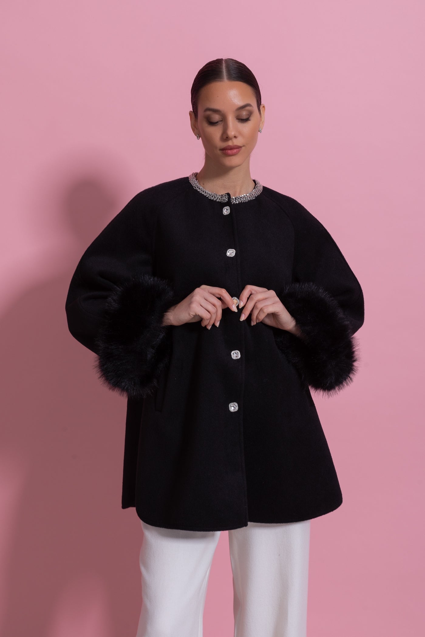 Women's Longline Jacket | Pearl Neckline | Fox Fur Cuffs | Black Winter Coat | Steven & Levon
