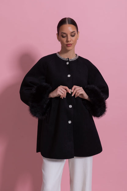 Women's Longline Jacket | Pearl Neckline | Fox Fur Cuffs | Black Winter Coat | Steven & Levon