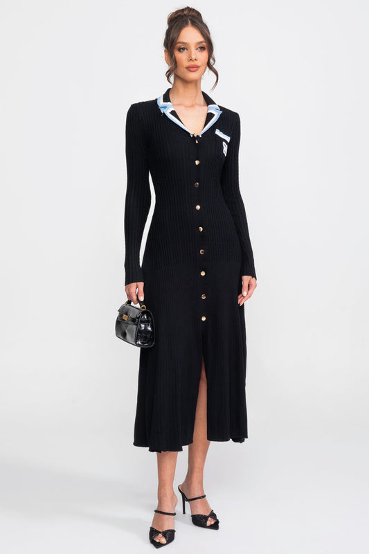 Polo Collar Knit Midi Dress | Women | Long Sleeve | Black | Steven & Levon