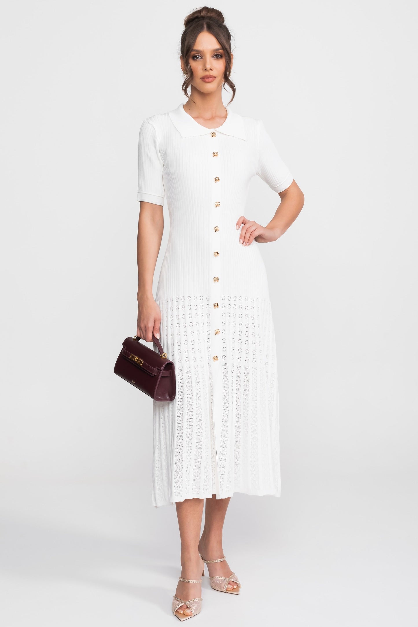 Ribbed Knit Midi Dress | Women | Peter Pan Collar | Pleated Skirt | White | Steven & Levon