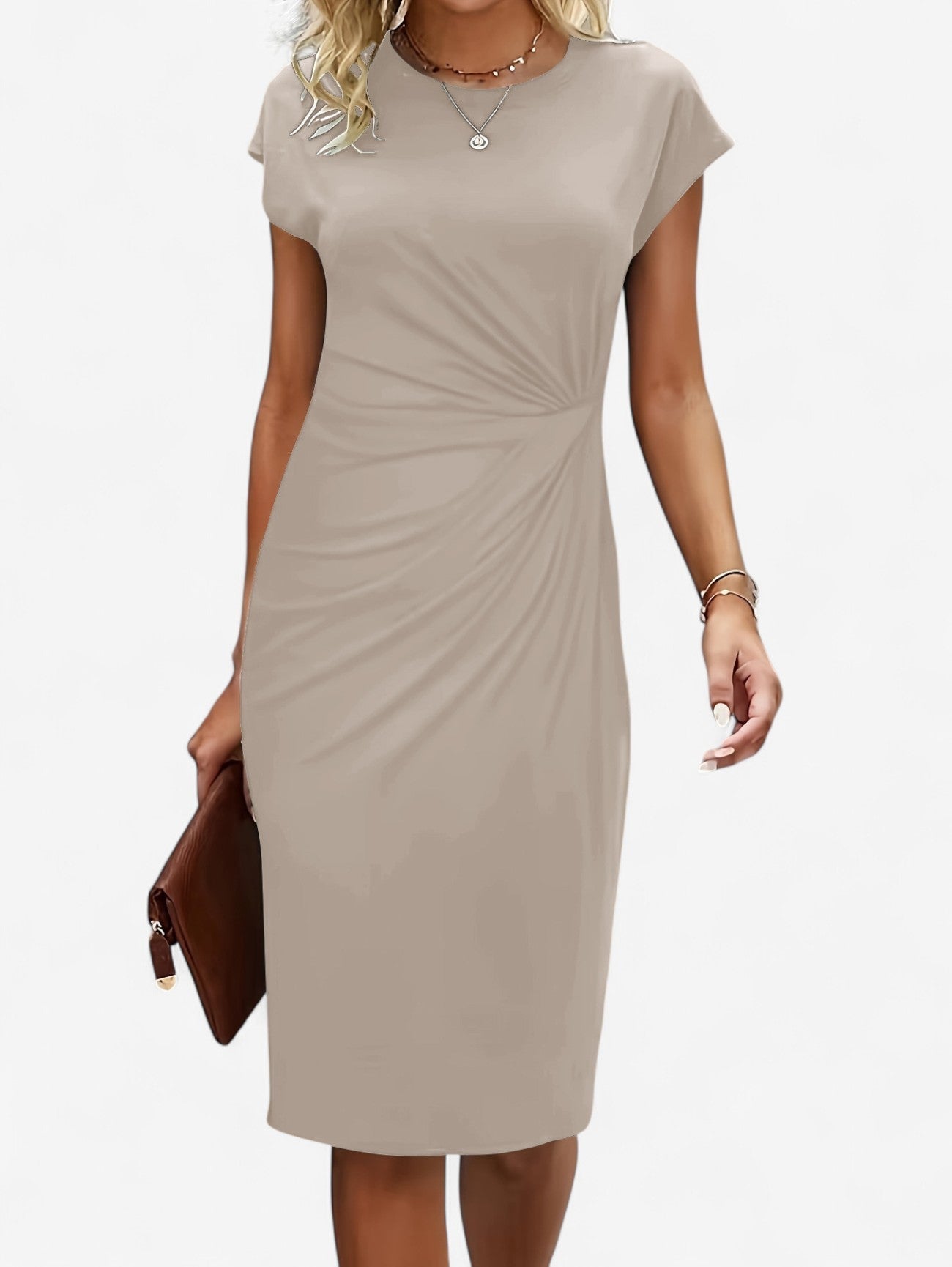 Women’s Ruched Wrap Bodycon Midi Dress | Women | Formal Occasion Dress | Cap Sleeve High Neck | Flattering Fit | Steven & Levon