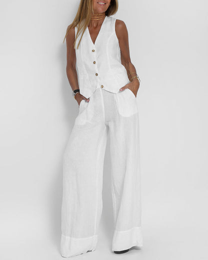 Linen 2-Piece Set | Women | Linen | Wide-Leg Trousers | Button Vest | Steven & Levon
