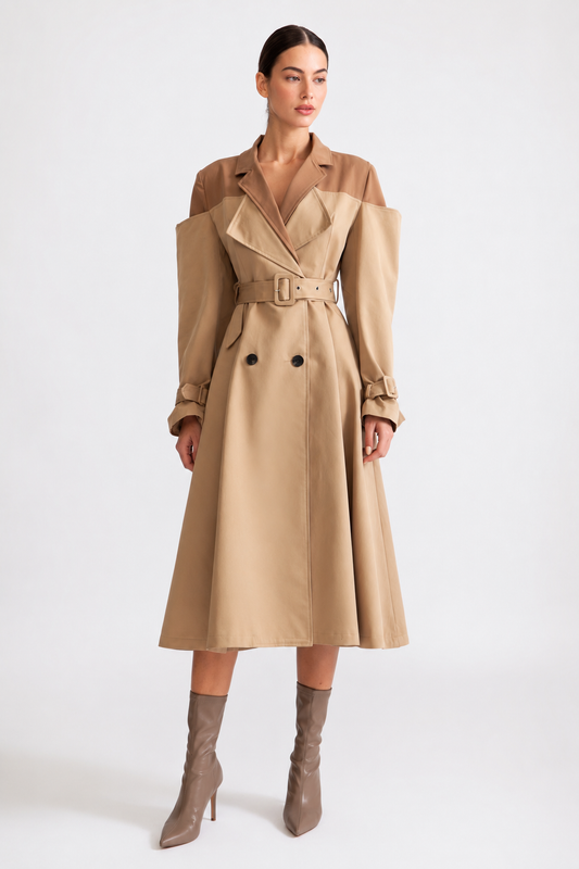 Women's Double Layer Trench Coat | Nude | Belted Waist | Long Overcoat | Steven & Levon