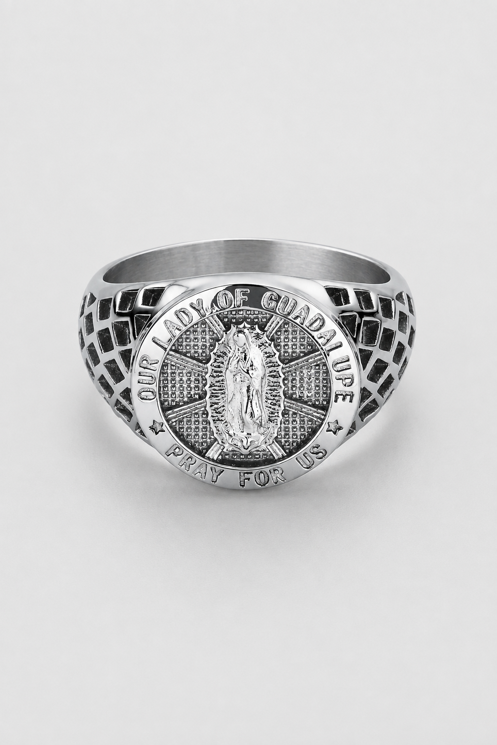 Guadalupe Sovereign Ring | Silver | Unisex | Stainless Steel | Virgin Mary Design | Religious Jewelry | Steven & Levon