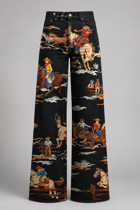 Western Print Wide Leg Denim Trousers | Women | High Waist Jeans | Steven & Levon