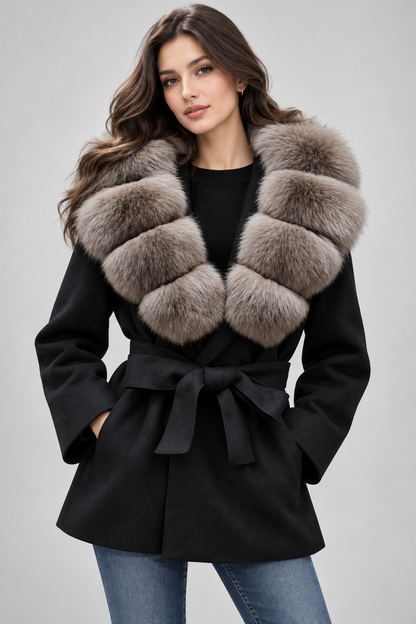 Women's Wool Coat | Real Fox Fur Collar | Belted Waist | Elegant Winter Outerwear | Steven & Levon