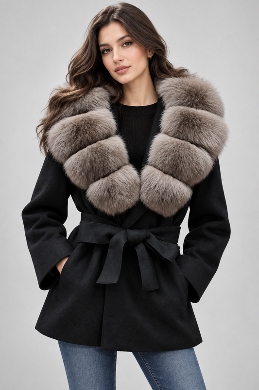 Women's Wool Coat | Real Fox Fur Collar | Belted Waist | Elegant Winter Outerwear | Steven & Levon