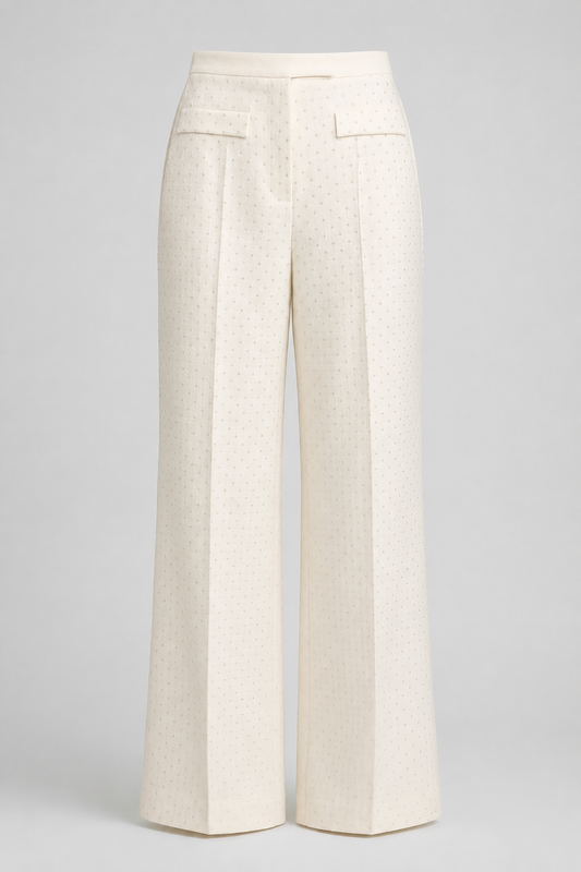 Wide Leg Tweed Trousers | Women | Embellished Texture | Patch Pockets | Ivoire | Steven & Levon