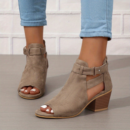 Elegant Peep-Toe Block Heel Sandals | Buckle Ankle Strap & Cut-Out Design | Steven & Levon