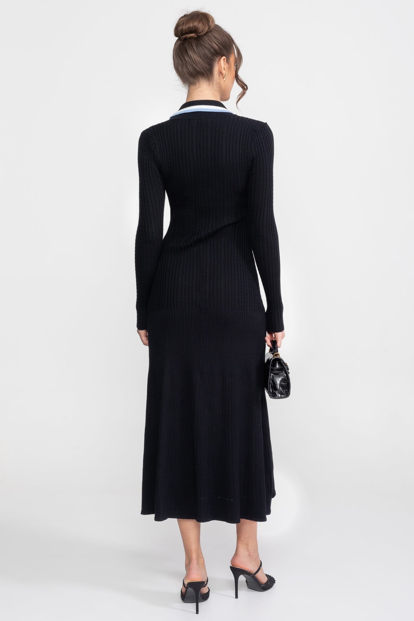 Polo Collar Knit Midi Dress | Women | Long Sleeve | Black | Steven & Levon