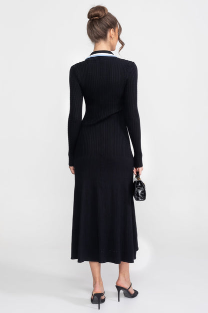 Polo Collar Knit Midi Dress | Women | Long Sleeve | Black | Steven & Levon