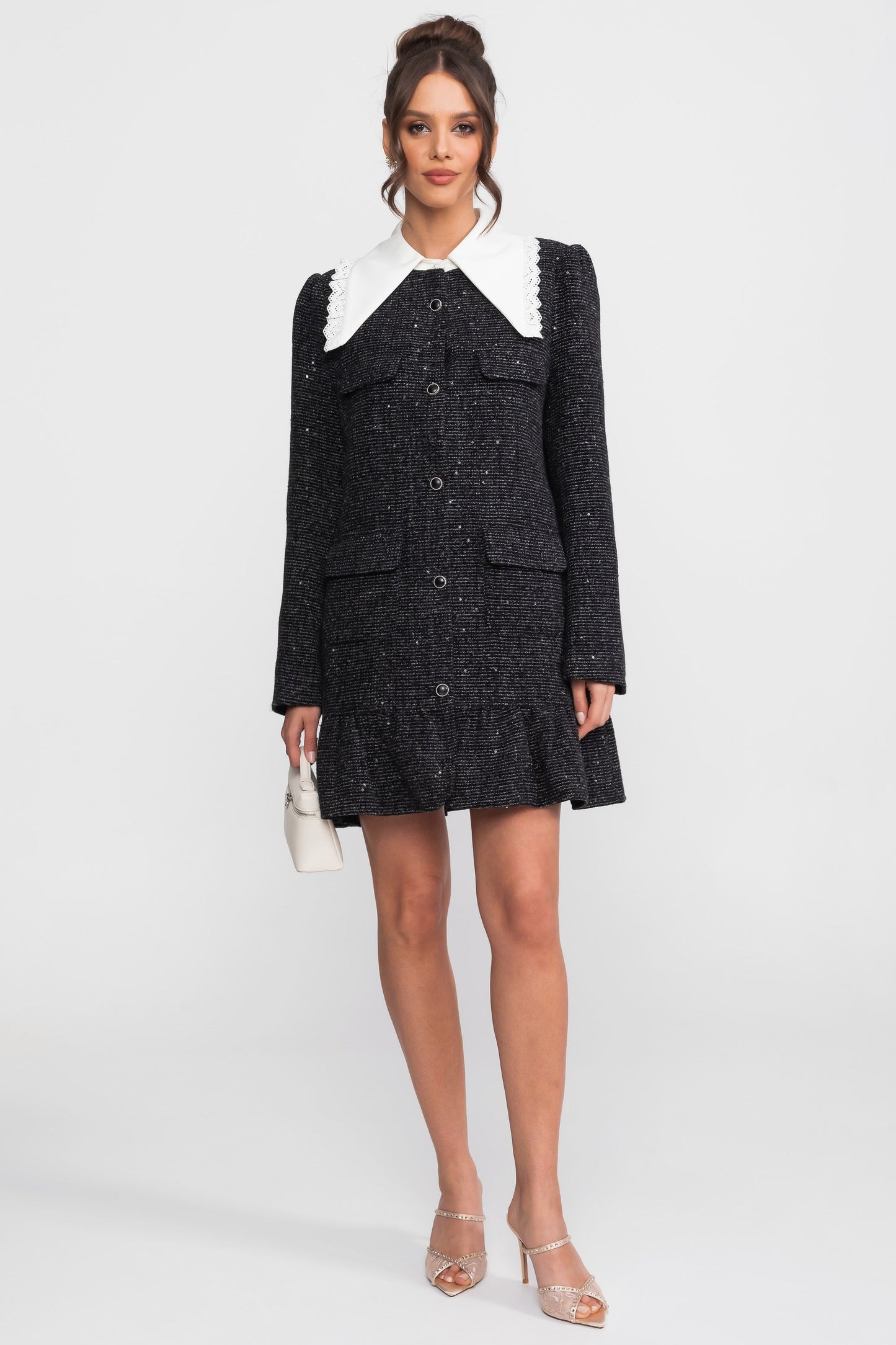 Boucle Tweed Mini Dress | Women | Lace Trim Collar | Ruffle Hem | Black | Steven & Levon