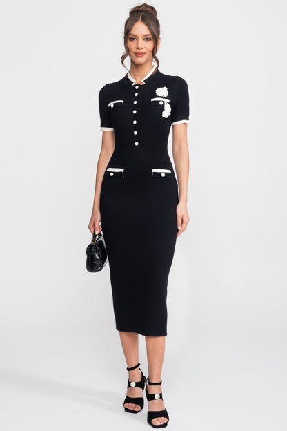 Ribbed Knit Midi Dress | Women | Contrast Trim | Decorative Pockets | Bodycon | Black | Steven & Levon