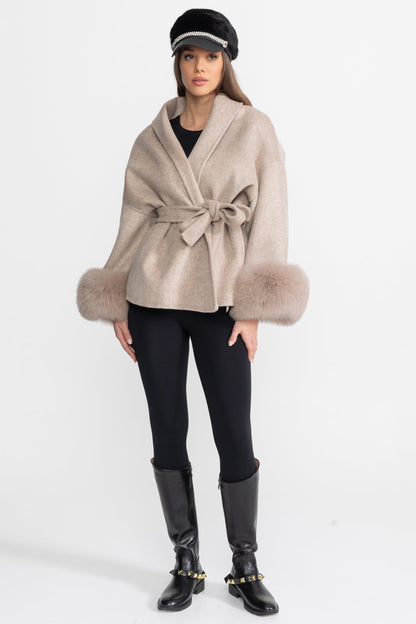 Women's Wool Blend Wrap Jacket | Fox Fur Cuffs | Belted Beige Coat | Steven & Levon